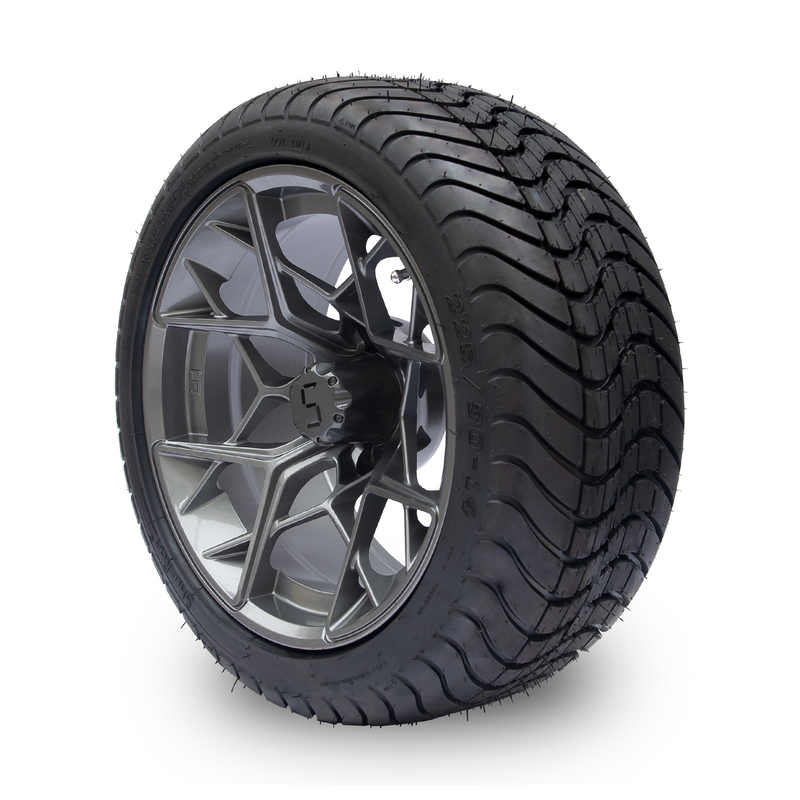 Το Gunmetal τελειώνει τις ρόδες και τις ρόδες 225/30-14 κάρρων γκολφ 14 ιντσών 101,6 σχέδιο μπουλονιών PCD 4x4