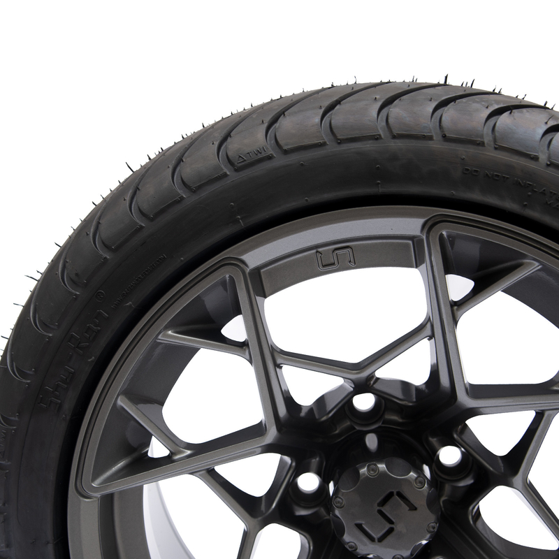 Το Gunmetal τελειώνει τις ρόδες και τις ρόδες 225/30-14 κάρρων γκολφ 14 ιντσών 101,6 σχέδιο μπουλονιών PCD 4x4